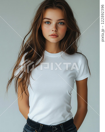 High-resolution upper half-body shot of a young woman in a white plain t-shirt, ideal for product advertising, photorealistic 122892396
