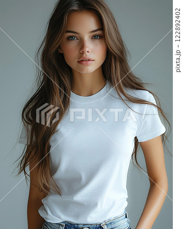 High-resolution image of a young woman in a white plain t-shirt, upper half-body shot, perfect for product advertising, photorealistic 122892402