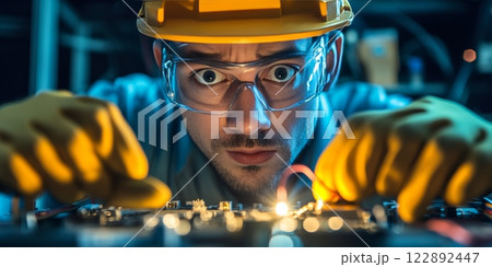 Electrician fixing damaged motherboard, experiencing electric shock in laboratory 122892447