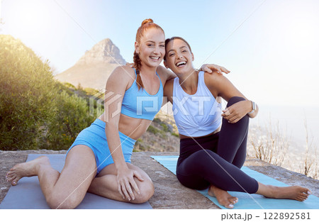 Relax, girl friends and yoga portrait on mountain for peace and tranquility exercise in nature. Friendship wellness, fitness and meditation training together for calm mindset with girlfriends. Relax, girl friends and yoga portrait on mountain for peace and tranquility exercise in nature. Friendship wellness, fitness and meditation training together for calm mindset with girlfriends. 122892581