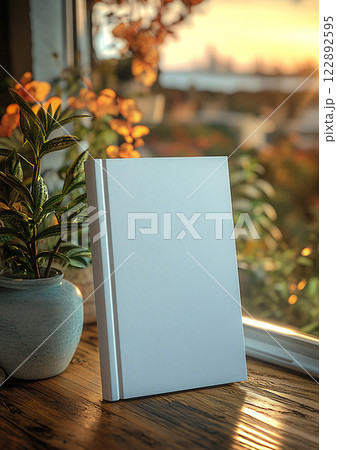 3D rendered white A4 book cover mockup for professional use, on a blurred background, high resolution 122892595