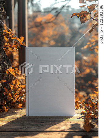 3D rendered white A4 book cover mockup for professional use, on a blurred background, high resolution 122892596