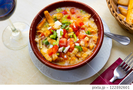Typical summer dish Cojondongo from Extremadura in earthenware bowl Typical summer dish Cojondongo from Extremadura in earthenware bowl 122892601