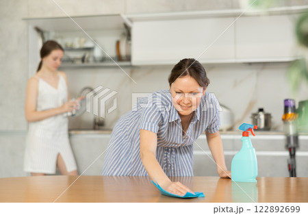 Pleased mother dusting table while daughter washes dishes in kitchen Pleased mother dusting table while daughter washes dishes in kitchen 122892699