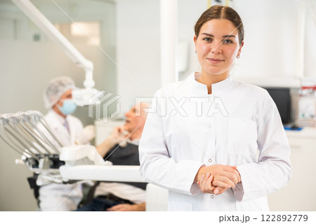 Young woman nurse is standing in dental office, clinic 122892779