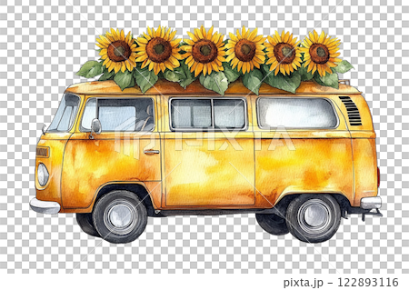 Vintage yellow van adorned with sunflowers, showcasing nostalgia. Watercolor clipart cartoon. 122893116