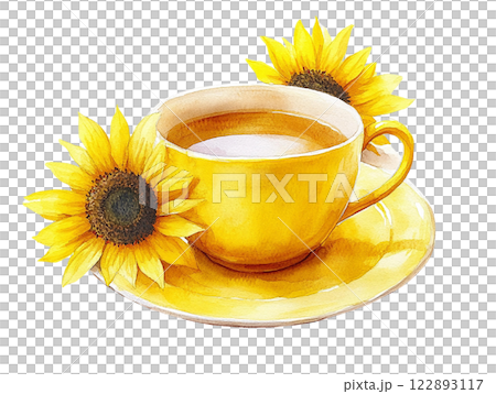 Yellow tea cup with sunflowers offers a vibrant, cheerful vibe. Watercolor clipart cartoon. Yellow tea cup with sunflowers offers a vibrant, cheerful vibe. Watercolor clipart cartoon. 122893117