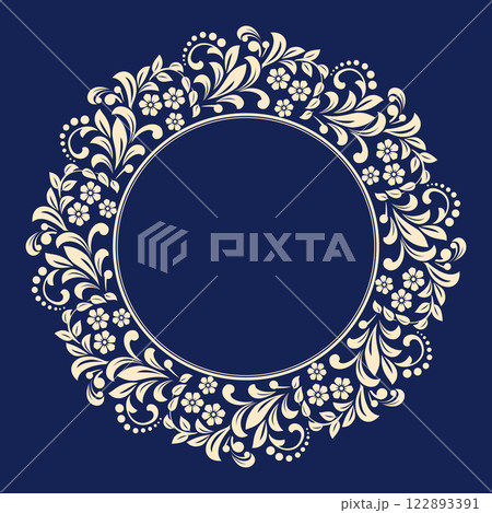 Decorative frame Elegant vector element for design in Eastern style, place for text. Floral blue and golden border. Lace illustration for invitations and greeting cards 122893391