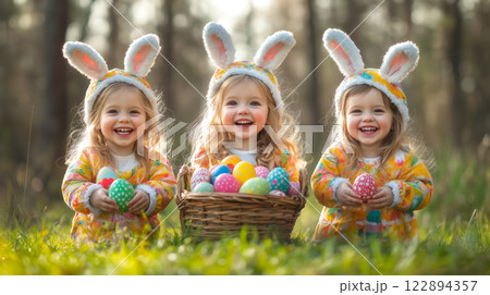 Three little girls wear bunny ears and hold a basket filled with colorful painted Easter eggs. The concept of Easter celebration, childhood joy, and festive traditions. Generative AI. 122894357