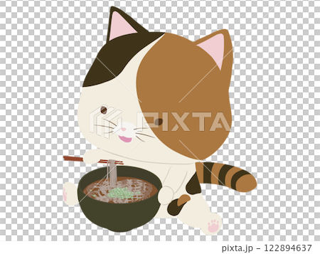 Smiling calico cat eating soba noodles Smiling calico cat eating soba noodles 122894637