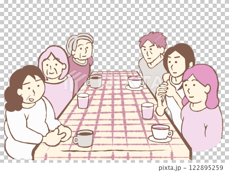 Illustration of a social gathering by psychiatric patients Illustration of a social gathering by psychiatric patients 122895259