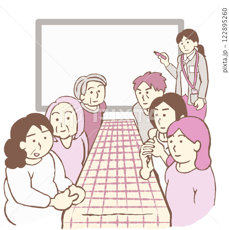 精神科デイケア　ミーティングに参加する利用者とホワイトボードに記録をとる職員のイラスト 122895260