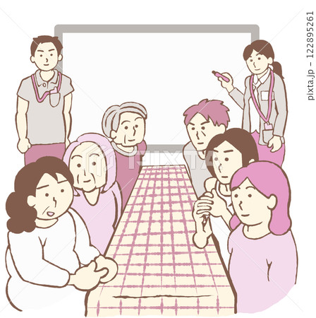 精神科デイケア　ミーティングに参加する利用者とホワイトボードに記録をとる職員のイラスト 122895261