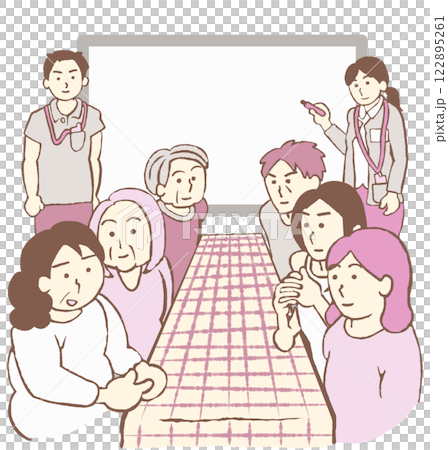 精神科デイケア　ミーティングに参加する利用者とホワイトボードに記録をとる職員のイラスト 122895261