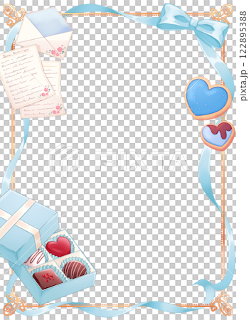 Light blue ribbon and candy frame Light blue ribbon and candy frame 122895388
