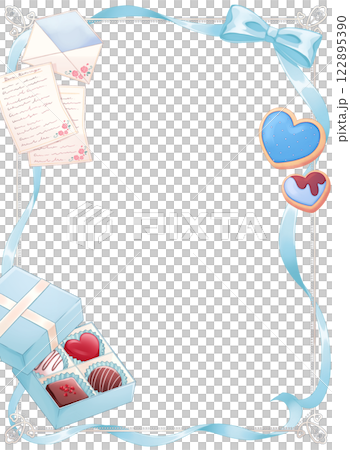 Light blue ribbon and candy frame Light blue ribbon and candy frame 122895390