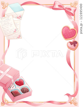 ピンクのリボンとお菓子のフレーム 122895400