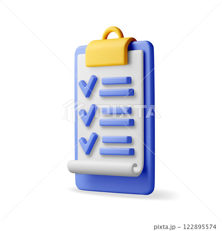 3D paper clipboard holder with checklist symbol. 122895574