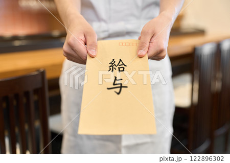 給与を出す料理人の手元 122896302