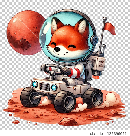 A cheerful fox astronaut exploring a red planet in a rover. watercolor clipart cartoon A cheerful fox astronaut exploring a red planet in a rover. watercolor clipart cartoon 122896651