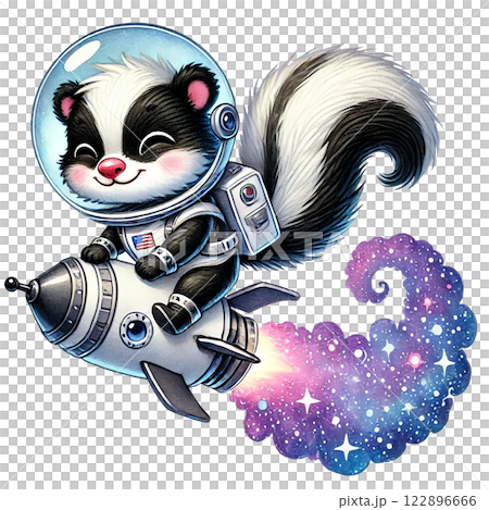 A cute skunk astronaut exploring outer space on a rocket. watercolor clipart cartoon 122896666