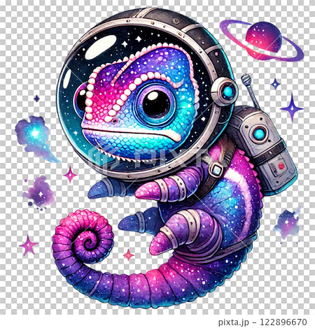 Colorful chameleon in space suit exploring the universe. watercolor clipart cartoon 122896670