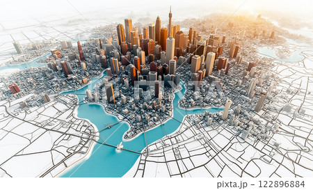 High viewpoint of a vibrant urban skyline surrounded by water at sunrise High viewpoint of a vibrant urban skyline surrounded by water at sunrise 122896884