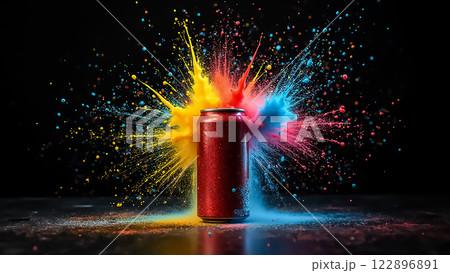 Bright explosion of color surrounds a can on a dark background during a creative photography session 122896891
