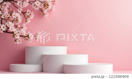 Blossoming cherry branches beside circular white display pedestals on a soft pink background 122896909