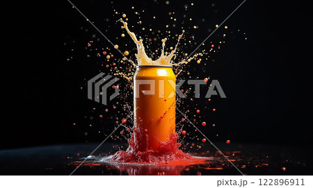 Bright orange can splashes with vibrant liquid against a dark background creating an energetic visual effect 122896911