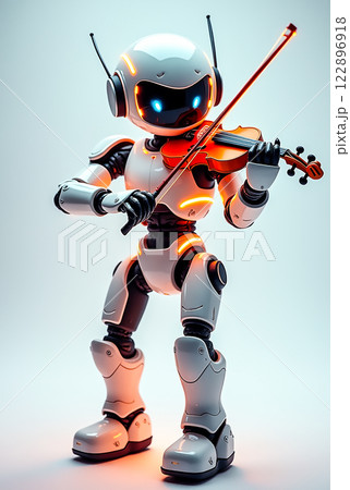 Robotic musician playing violin with illuminating features in a futuristic setting Robotic musician playing violin with illuminating features in a futuristic setting 122896918