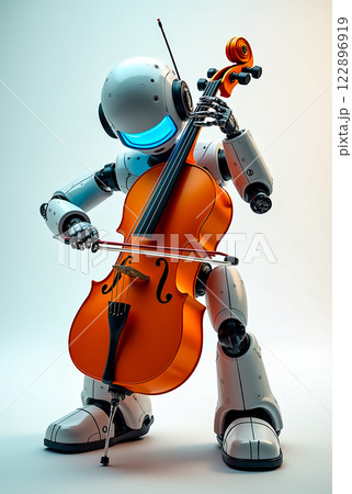 Robot playing cello in a futuristic setting with vibrant colors and intricate details 122896919