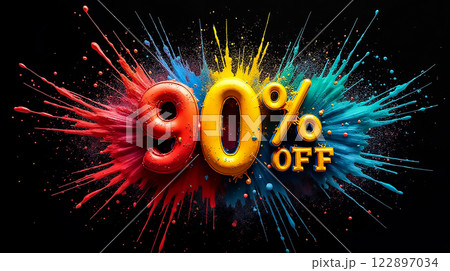 Vibrant discount promotion of 90 percent off with colorful splashes on a black background 122897034