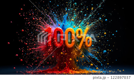 Colorful explosion of paint with the text '100%' during an art demonstration in a creative studio 122897037