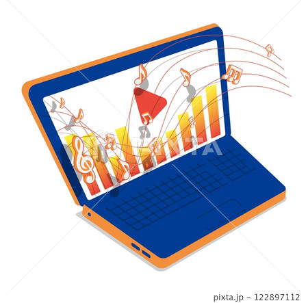 Isometric open laptop and musical notes floating along musical chord lines. Listening of melodies and compositions in music player program. 3D vector concept isolated on white background 122897112