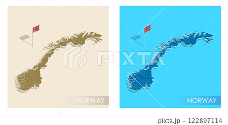 Norway country flag installed on geographic positioning map point of country territory. Norwegian commonwealth banner on land and sea. Festive patriotic HD format template for independence day 122897114