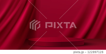 Red 3d podium display with elegant draped curtain 122897128