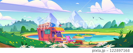 Camper van parked near mountain lake Camper van parked near mountain lake 122897168