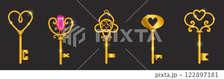 Vintage golden keys set on transparent background Vintage golden keys set on transparent background 122897181
