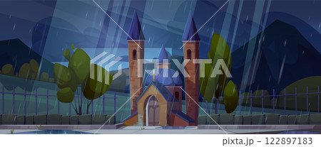 Cartoon church building in rainy night 122897183