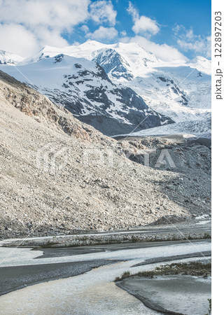 Mountain environment with moraine and river glacier Mountain environment with moraine and river glacier 122897203