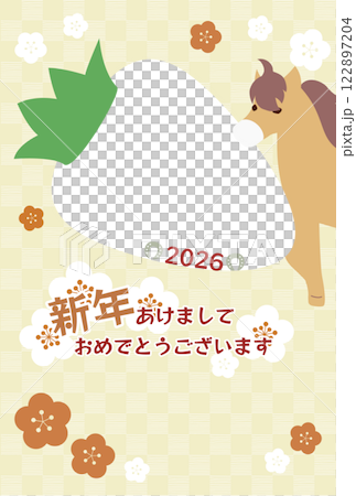 Photo frame New Year's card postcard material with an illustration of the horse motif for the year of the horse in 2026 122897204