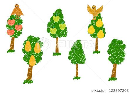 Hand-Drawn Fruit Trees with Birds and Floating Fruits Hand-Drawn Fruit Trees with Birds and Floating Fruits 122897208