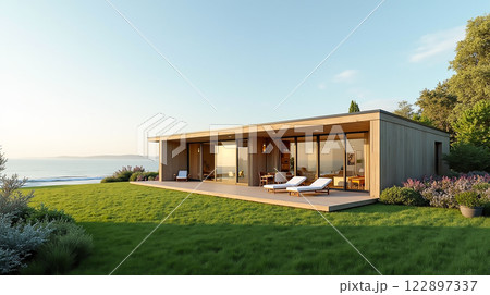 Modern coastal house with large windows and outdoor lounge area overlooking the sea at sunset 122897337