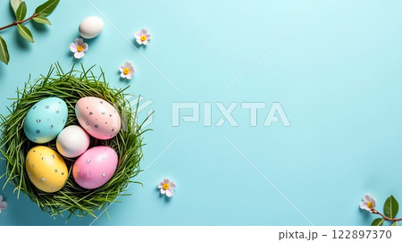 Colorful Easter eggs in a nest on a blue background with spring flowers Colorful Easter eggs in a nest on a blue background with spring flowers 122897370