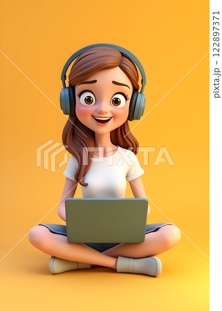 Young woman enjoying her time while using a laptop and listening to music in a bright, cheerful environment Young woman enjoying her time while using a laptop and listening to music in a bright, cheerful environment 122897371