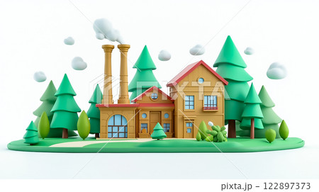 Colorful factory surrounded by trees in a playful, animated style showcasing nature and industry together 122897373