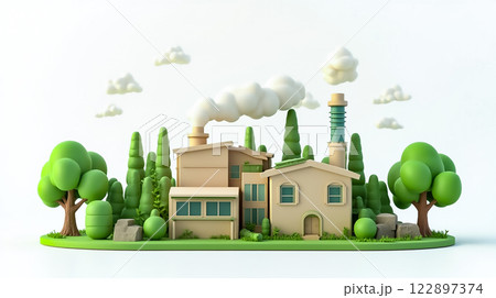 Green landscape with a factory and house showcasing eco-friendly design elements and lush trees Green landscape with a factory and house showcasing eco-friendly design elements and lush trees 122897374