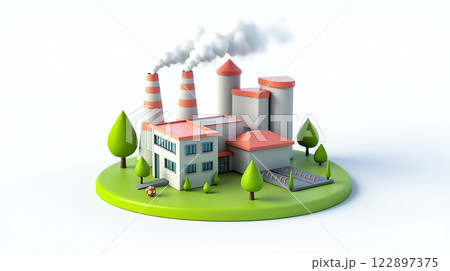 Industrial complex with smokestacks and greenery situated on a circular base Industrial complex with smokestacks and greenery situated on a circular base 122897375