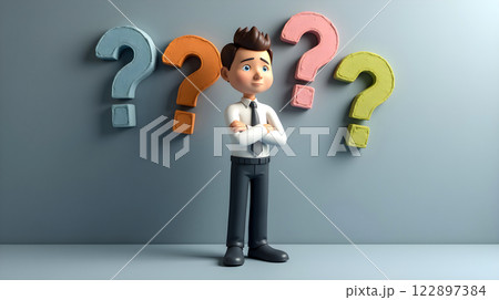 Confused young man standing in front of colorful question marks on a light background 122897384